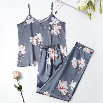 2-Piece Satin Pajama Set for Women Silky Cami Top & Long Trousers Sleepwear