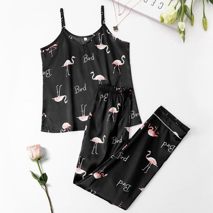 2-Piece Satin Pajama Set for Women Silky Cami Top & Long Trousers Sleepwear