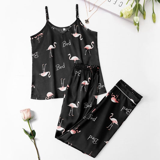 2-Piece Satin Pajama Set for Women Silky Cami Top & Long Trousers Sleepwear