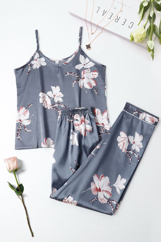 2-Piece Satin Pajama Set for Women Silky Cami Top & Long Trousers Sleepwear