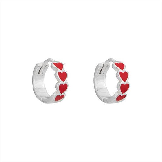 Sterling Silver Hinged Hoop Red Heart Earrings