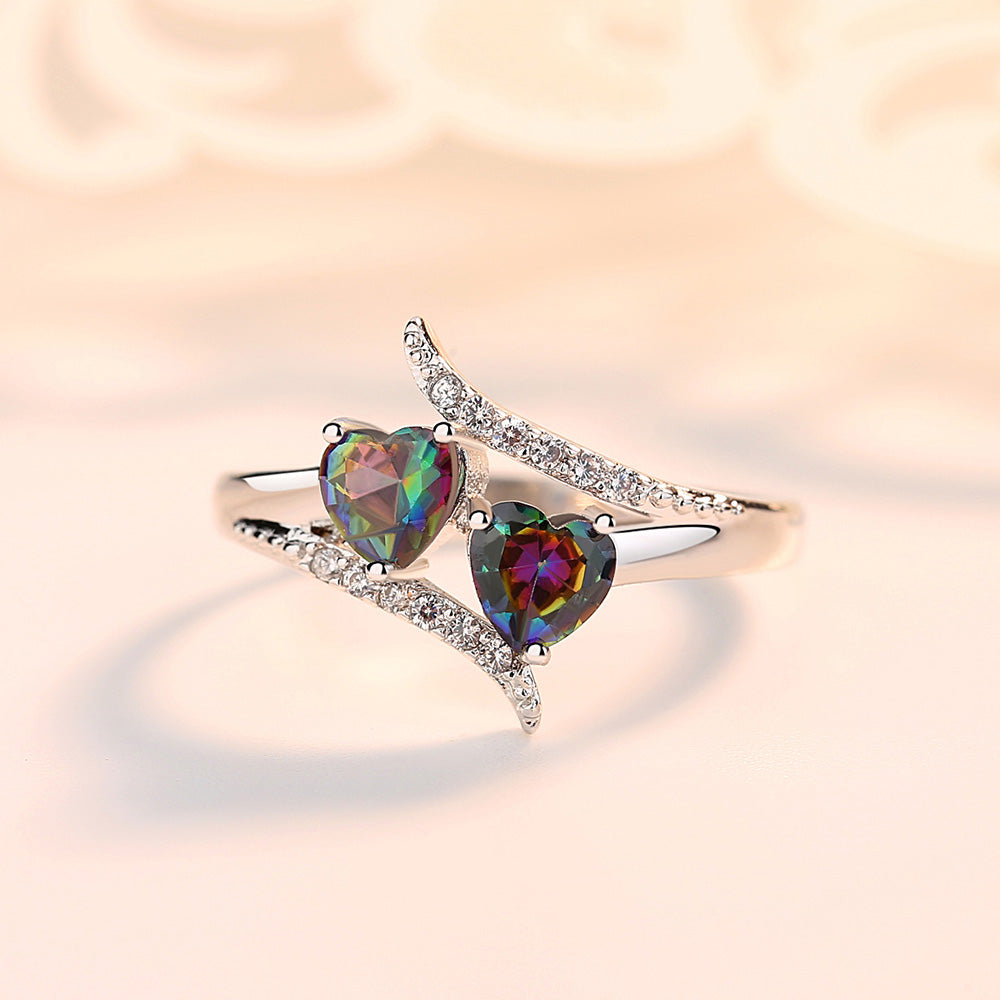 Double Heart Mystic Topaz Crystals Cubic Zirconia Ring
