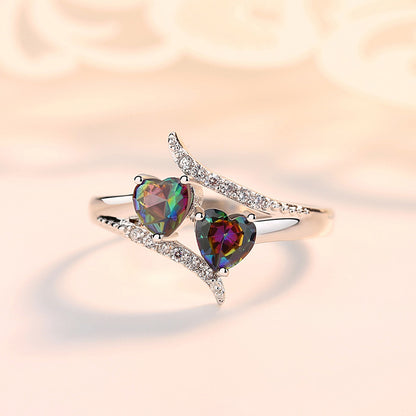 Double Heart Mystic Topaz Crystals Cubic Zirconia Ring