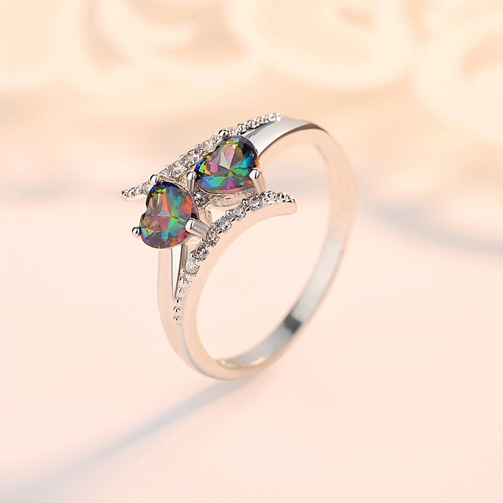 Double Heart Mystic Topaz Crystals Cubic Zirconia Ring