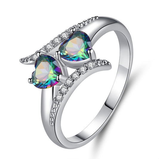 Double Heart Mystic Topaz Crystals Cubic Zirconia Ring
