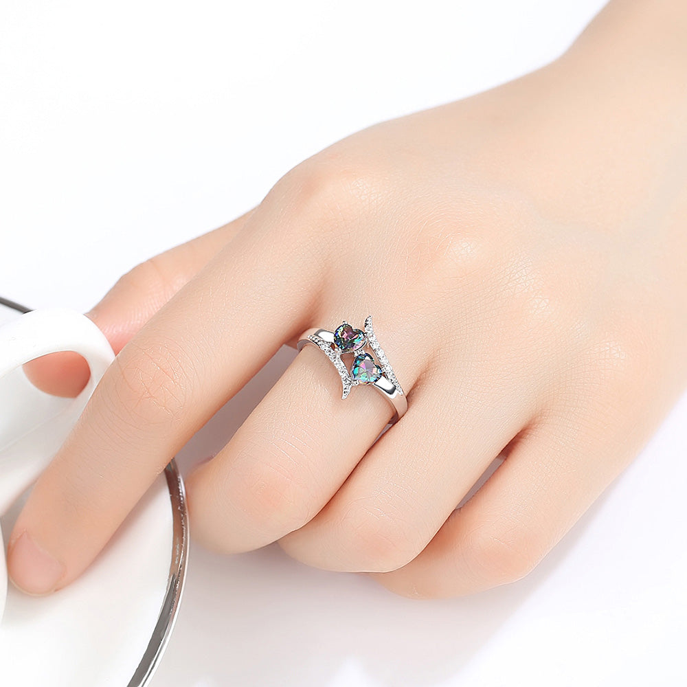Double Heart Mystic Topaz Crystals Cubic Zirconia Ring