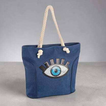Premium Blue Canvas Tote Zip Bag with Eye Motif – Stylish Everyday Shoulder Bag
