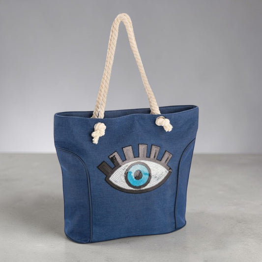 Premium Blue Canvas Tote Zip Bag with Eye Motif – Stylish Everyday Shoulder Bag