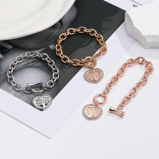 Tree of life Heart Charm Zircon Crystals Bracelet -Silver or Gold