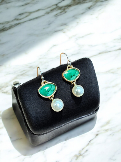 Retro Imitation green Jade gemstone Pearl Epoxy drop Earrings