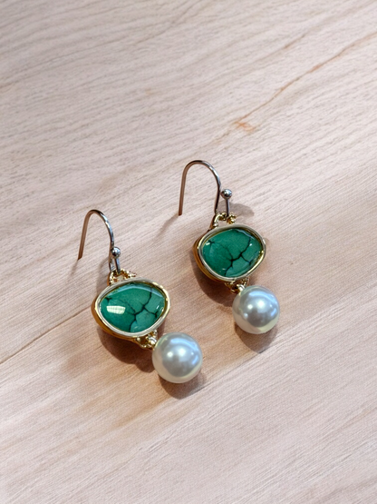 Retro Imitation green Jade gemstone Pearl Epoxy drop Earrings
