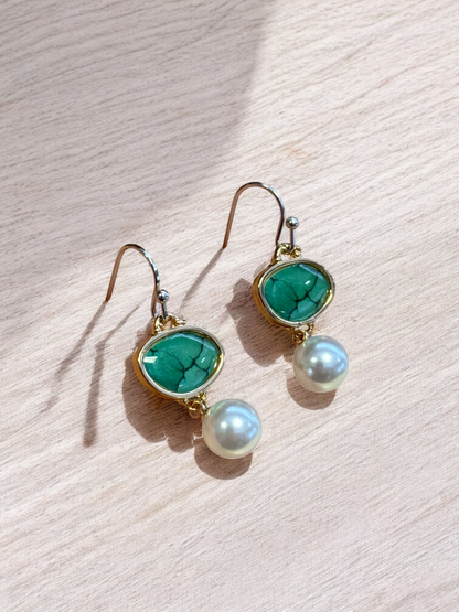 Retro Imitation green Jade gemstone Pearl Epoxy drop Earrings
