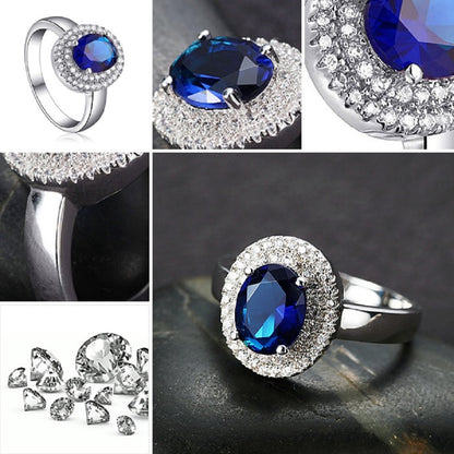Blue Crystal Halo Ring and Stud Earrings Set