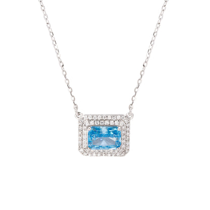 Sterling Silver Blue Topaz Crystal Halo C/Z Pendant Necklace