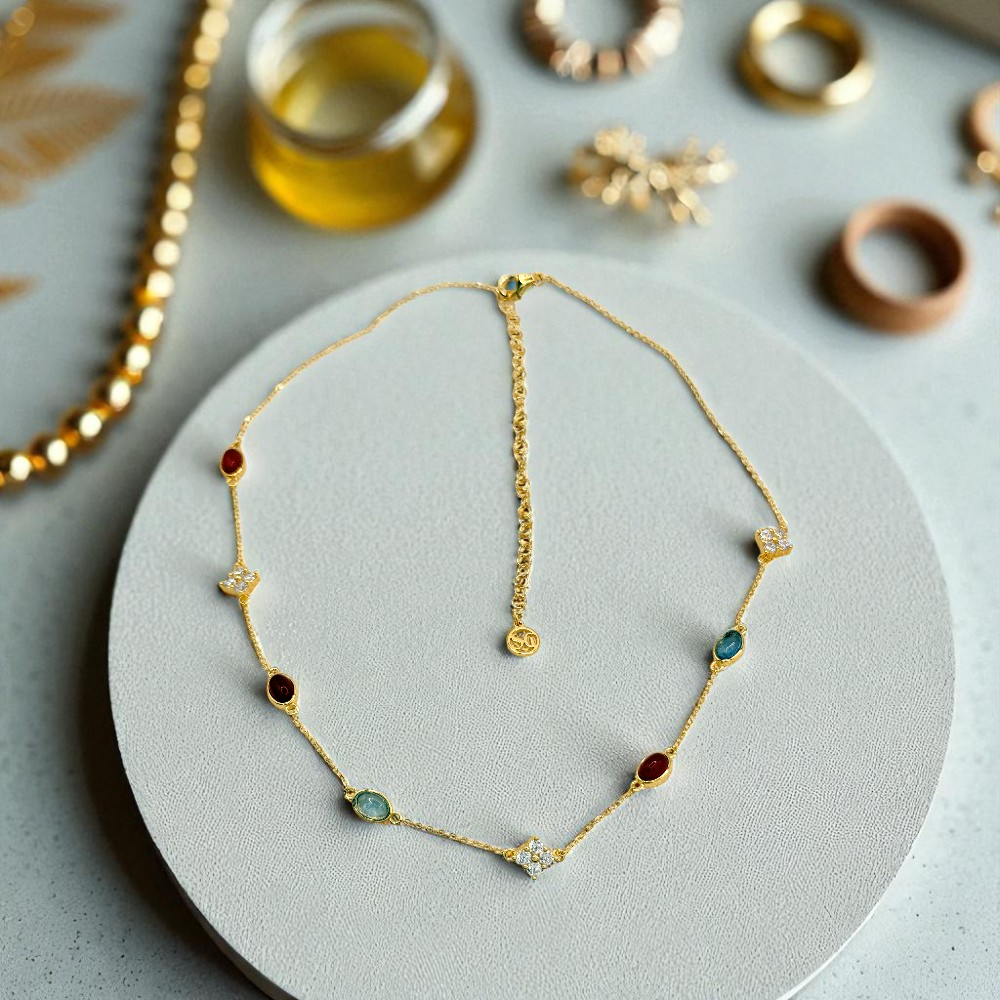 S925 Sterling Silver Aqua & Agate Bloom 18K Gold Plated Necklace Choker