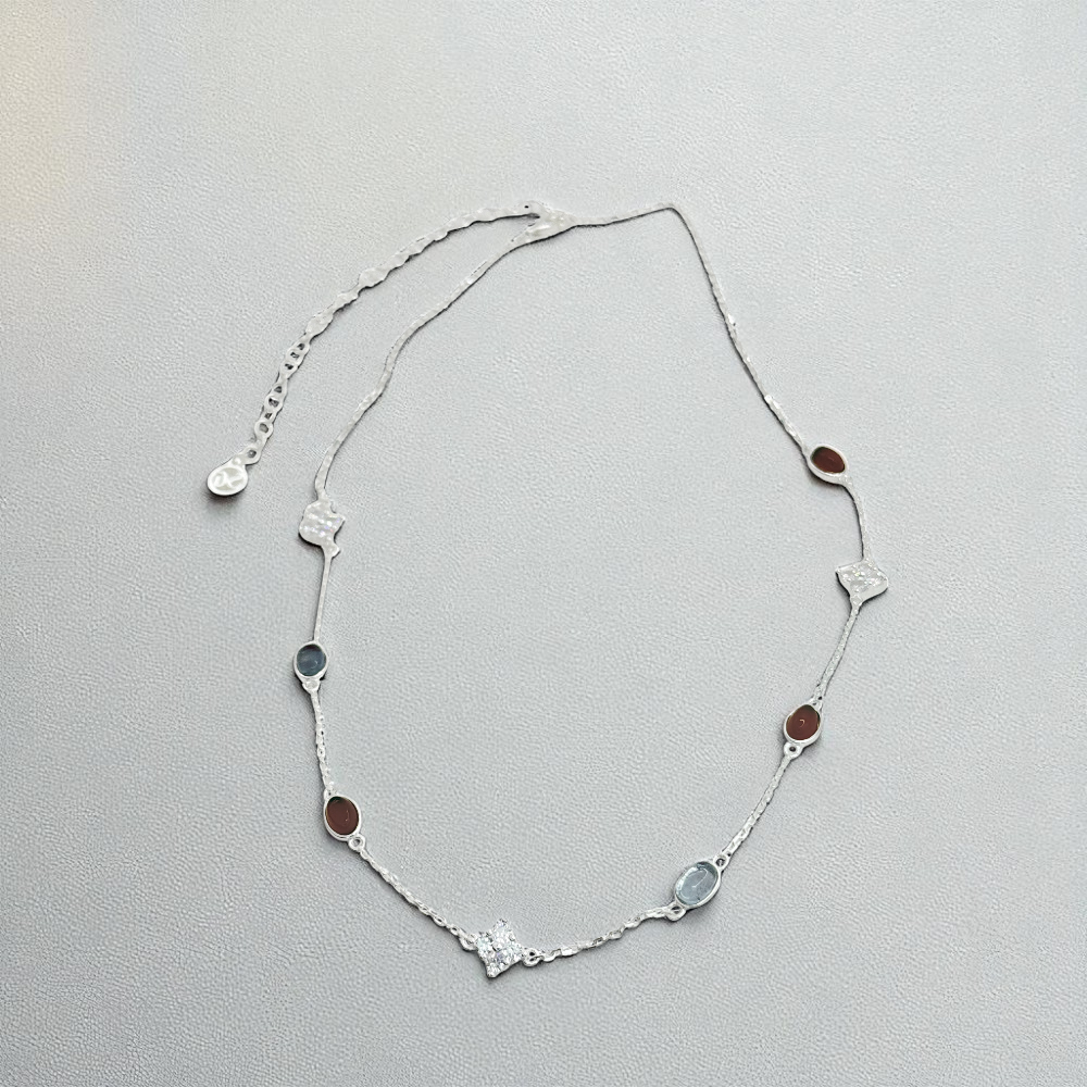 S925 Sterling Silver Agate & Aquamarine Stream Necklace Choker