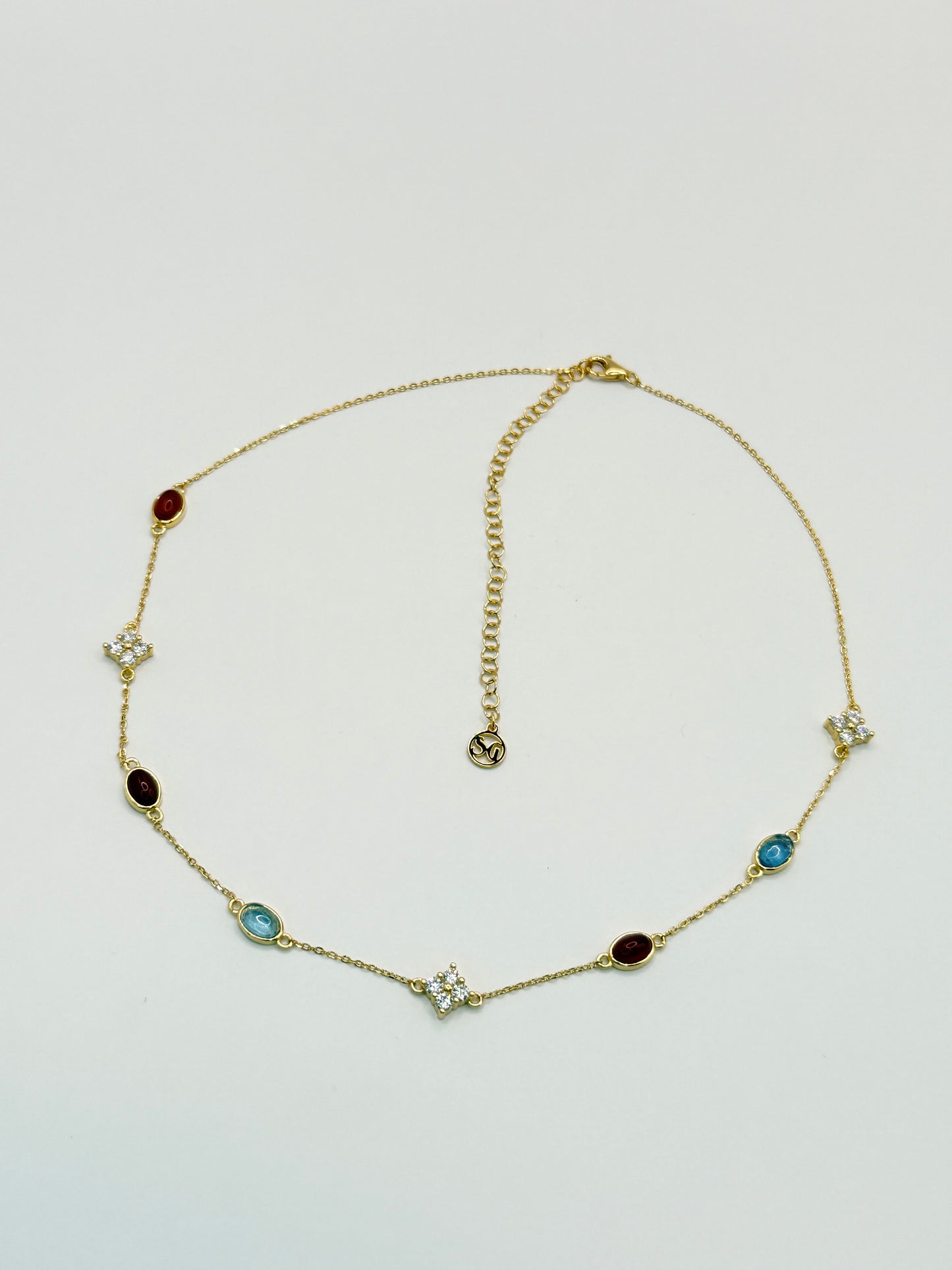 S925 Sterling Silver Aqua & Agate Bloom 18K Gold Plated Necklace Choker
