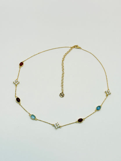 S925 Sterling Silver Aqua & Agate Bloom 18K Gold Plated Necklace Choker