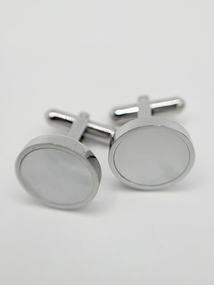 Men's Silver Round Stainless Steel Pearl Cufflinks