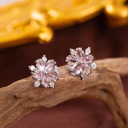 S925 Sterling Silver Pink Flower Stud Earrings