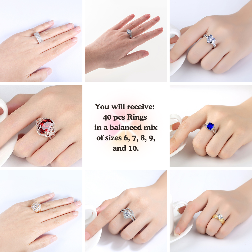 Wholesale Job Lot of 40 Women Zircon Rings Silver, Gold or Rose Gold Ring