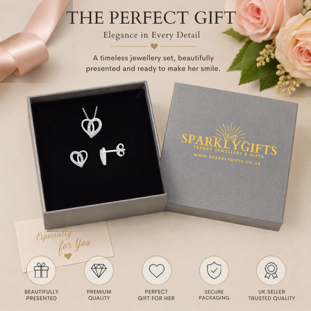 S925 Sterling Silver C/Z Heart Pendant Necklace and Stud Earring Set