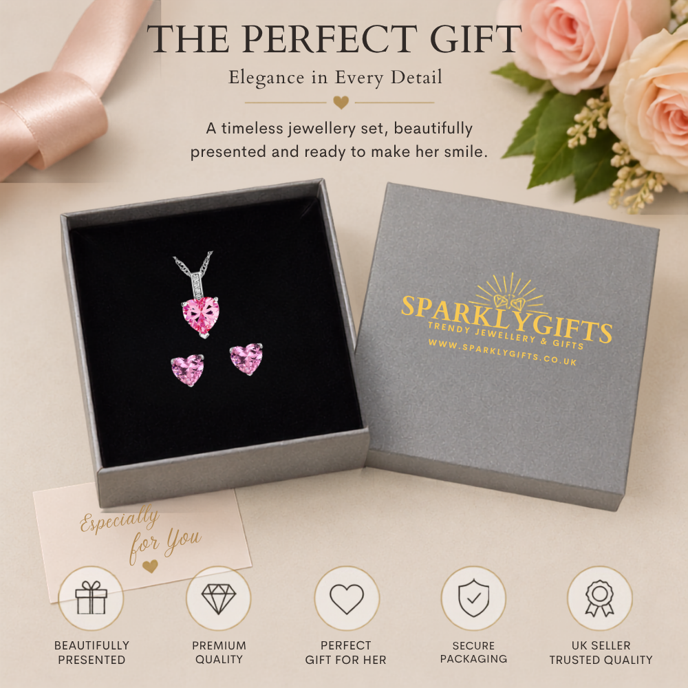 Sterling Silver Heart Zircon Pendant Necklace & Stud Earrings Set