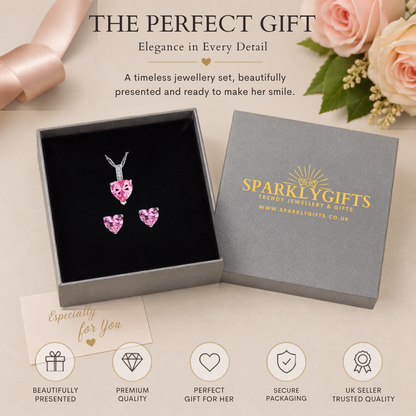 Sterling Silver Heart Zircon Pendant Necklace & Stud Earrings Set