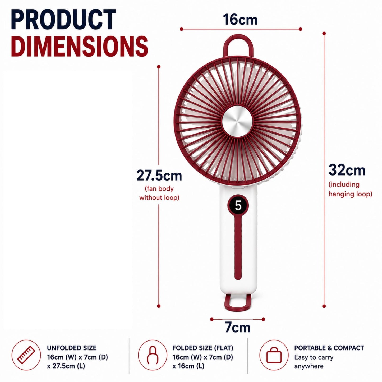 Rechargeable 6" Handheld Fan with LED Display 2400mAh USB Fan, 5 Speed Foldable Personal Cooling Fan with Lanyard