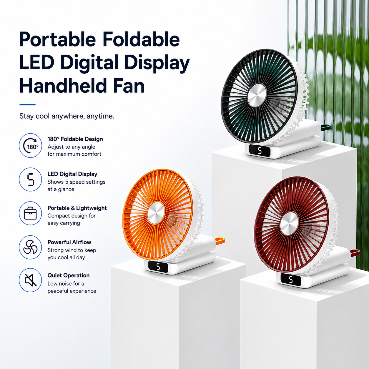 Rechargeable 6" Handheld Fan with LED Display 2400mAh USB Fan, 5 Speed Foldable Personal Cooling Fan with Lanyard