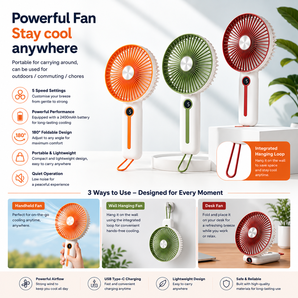 Rechargeable 6" Handheld Fan with LED Display 2400mAh USB Fan, 5 Speed Foldable Personal Cooling Fan with Lanyard