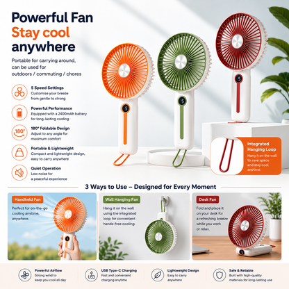 Rechargeable 6" Handheld Fan with LED Display 2400mAh USB Fan, 5 Speed Foldable Personal Cooling Fan with Lanyard