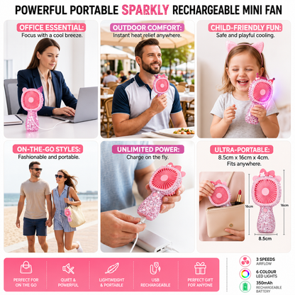3-Speed Rechargeable Mini Fan with 6 LED Lights Sparkling Diamante Finish Portable Handheld Fan