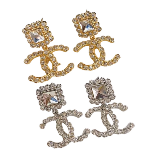 Designer Inspired CC Style Drop Sterling Silver Post Earrings