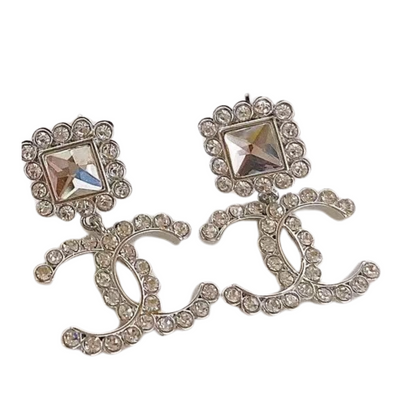 Designer Inspired CC Style Drop Sterling Silver Post Earrings