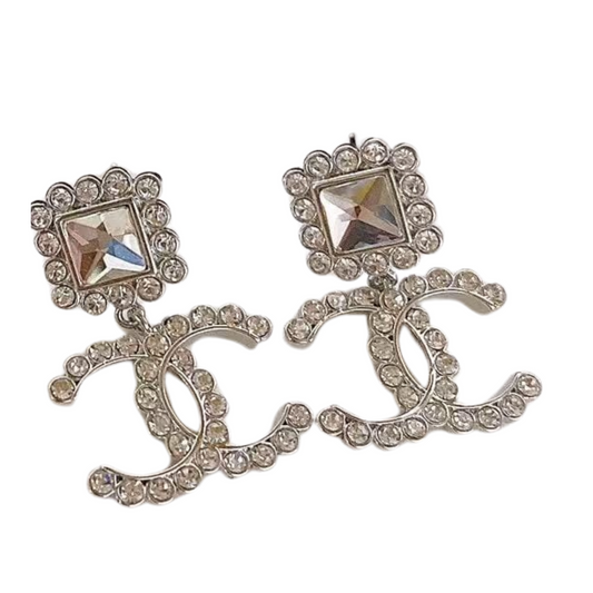 Designer Inspired CC Style Drop Sterling Silver Post Earrings