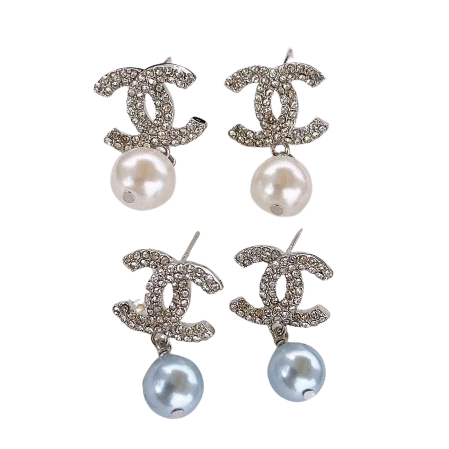 Pave CC & Pearl Drop Earrings Sterling Silver Post Earrings