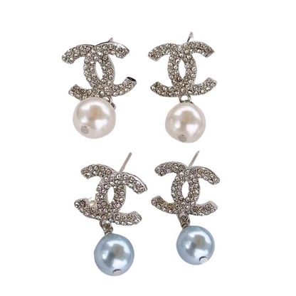 Pave CC & Pearl Drop Earrings Sterling Silver Post Earrings
