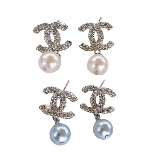 Pave CC & Pearl Drop Earrings Sterling Silver Post Earrings