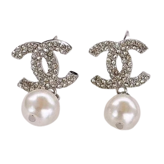 Pave CC & Pearl Drop Earrings Sterling Silver Post Earrings
