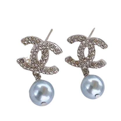 Pave CC & Pearl Drop Earrings Sterling Silver Post Earrings