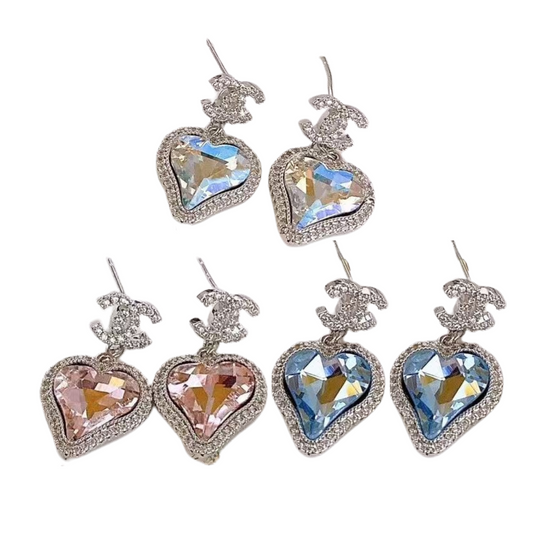 Crystal Heart Designer Logo Dangles Sterling Silver Post Earrings