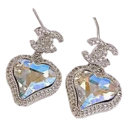 Crystal Heart Designer Logo Dangles Sterling Silver Post Earrings