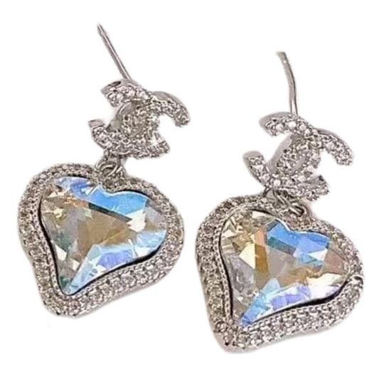 Crystal Heart Designer Logo Dangles Sterling Silver Post Earrings