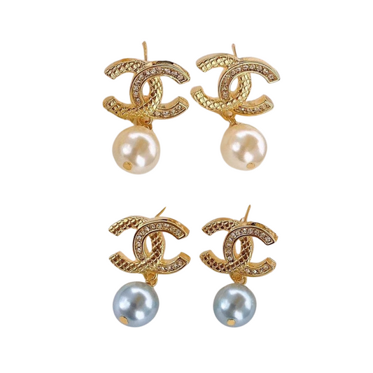 Golden Pave CC & Pearl Drop Earrings Sterling Silver Post Earrings