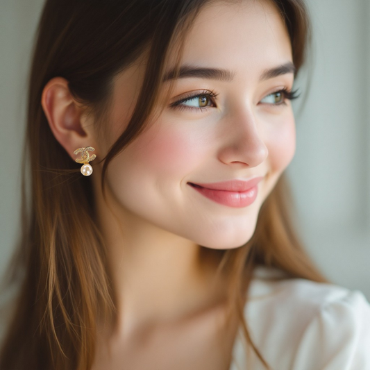 Golden Pave CC & Pearl Drop Earrings Sterling Silver Post Earrings