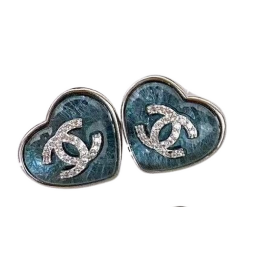 Textured Heart & Crystal Logo Studs Sterling Silver Post Earrings