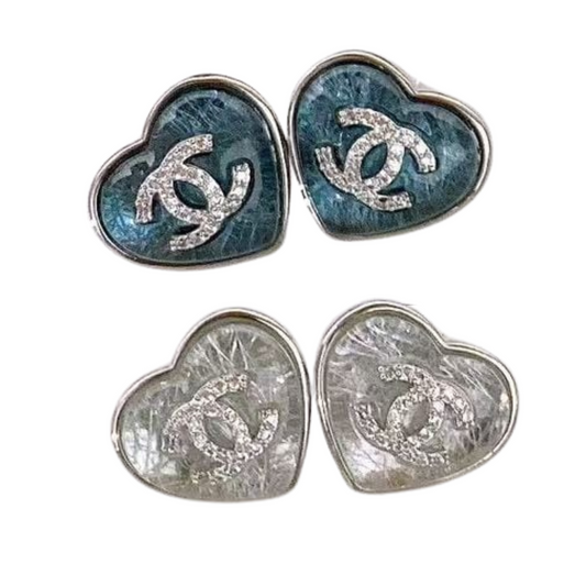 Textured Heart & Crystal Logo Studs Sterling Silver Post Earrings