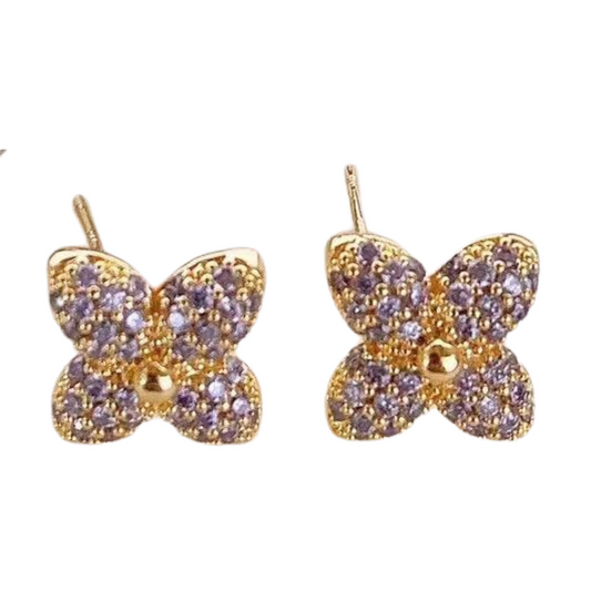 Amethyst Hued Clover Pave Stud Earrings Sterling Silver Post Earrings