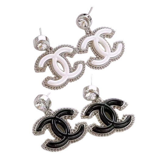 Crystal Studded Beaded Logo Sterling Silver Post Earrings